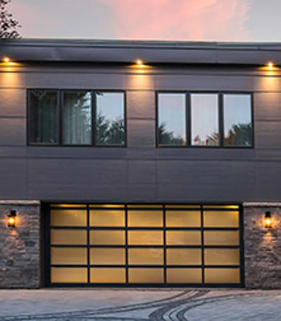Full view glass garage door with frosted windows.