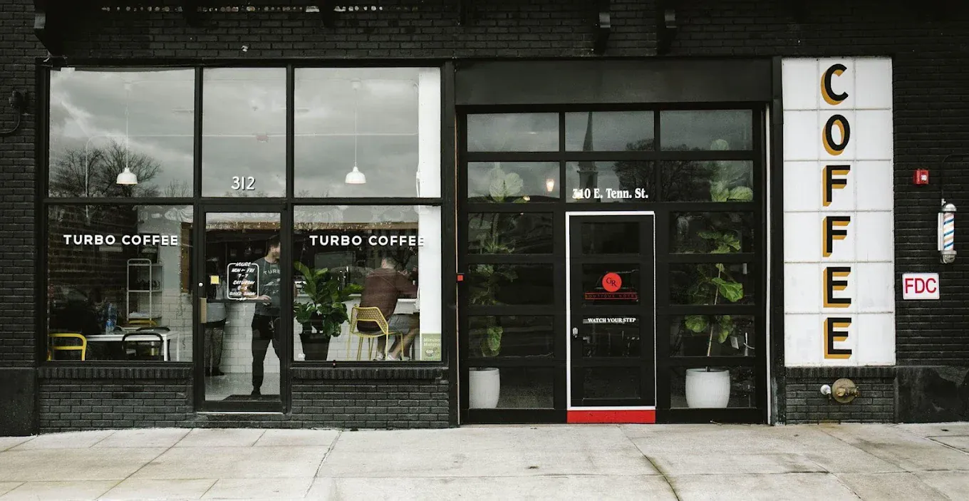 High-speed door at a commercial coffee shop entrance